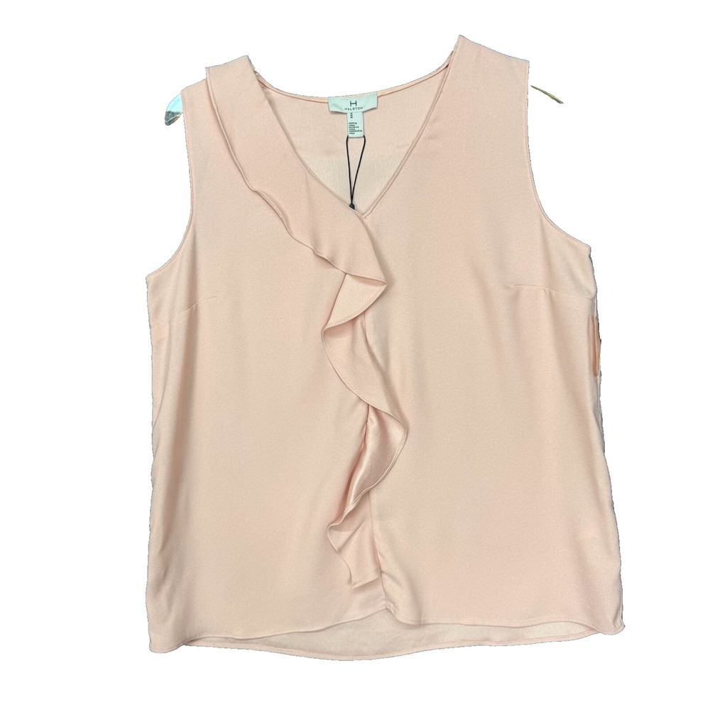 H Halston Shirt Womens Medium Pale Pink Blouse Ruffle Sleeveless Business NWT